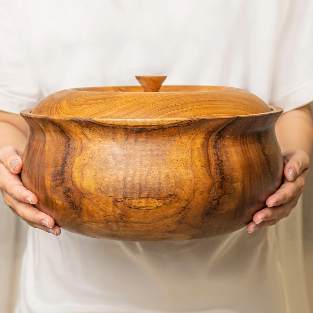 Ripple Teak Wood Salad Serving Bowl with Lid