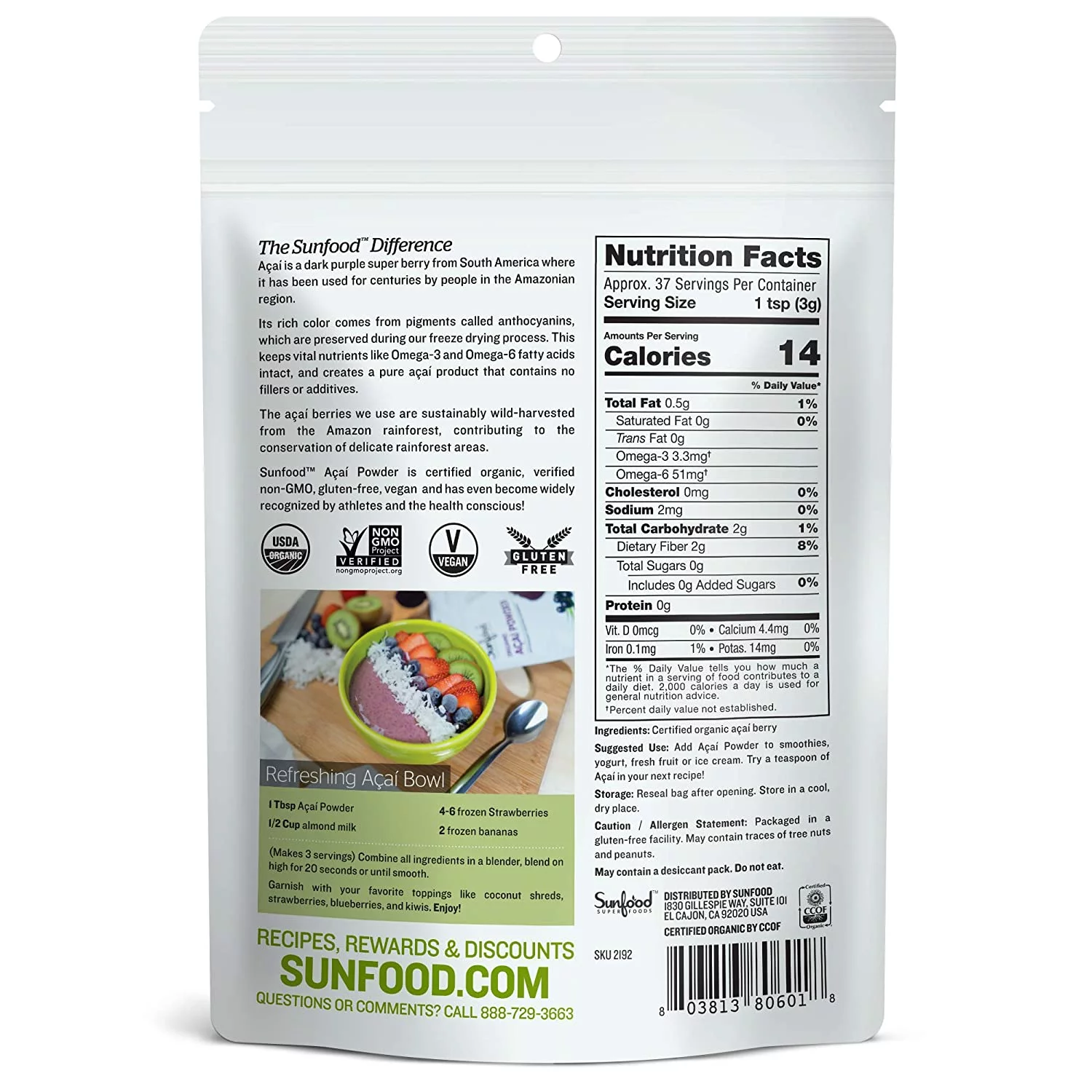 SunFood Organic Acai Powder -- 4 oz Pack of 2