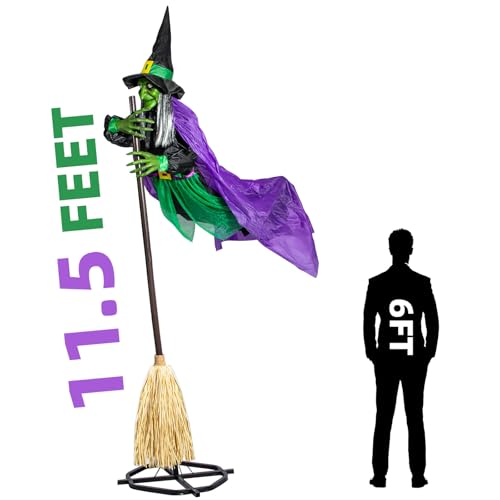 Halloween Decorations Outdoor - 12 Ft Animated Hovering Witch with Sound & Touch Activated Sensor - Witch on Broom Halloween Decorations Outdoor, Hanging Ghost for Garden Yard Lawn