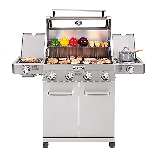 Monument Grills Larger 4-Burner Propane Gas Grills Stainless Steel Cabinet Style with Side & Infrared Side Sear Burners with Stainless Steel Rotisserie Kit(2 Items)