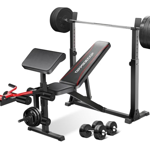 OPPSDECOR 900LBS Weight Bench Set with Squat Rack Preacher Curl Weight Bench with Leg Extension Bench Press Set Workout Bench for Home Gym Full Body Workout