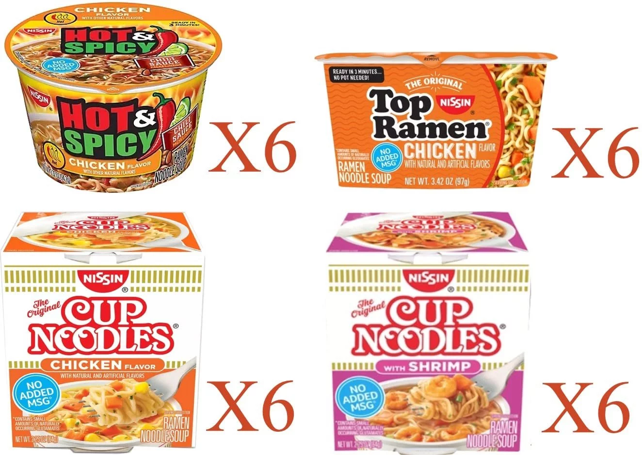 Nissin Cup Noodles Soup Instant Cup 24 Count, 6 Hot & Spicy Chicken Bowl, 6 Chicken Cup, 6 Top Ramen Chicken Bowl, 6 Shrimp Soup Lunch / Dinner Variety, 4 Flavors