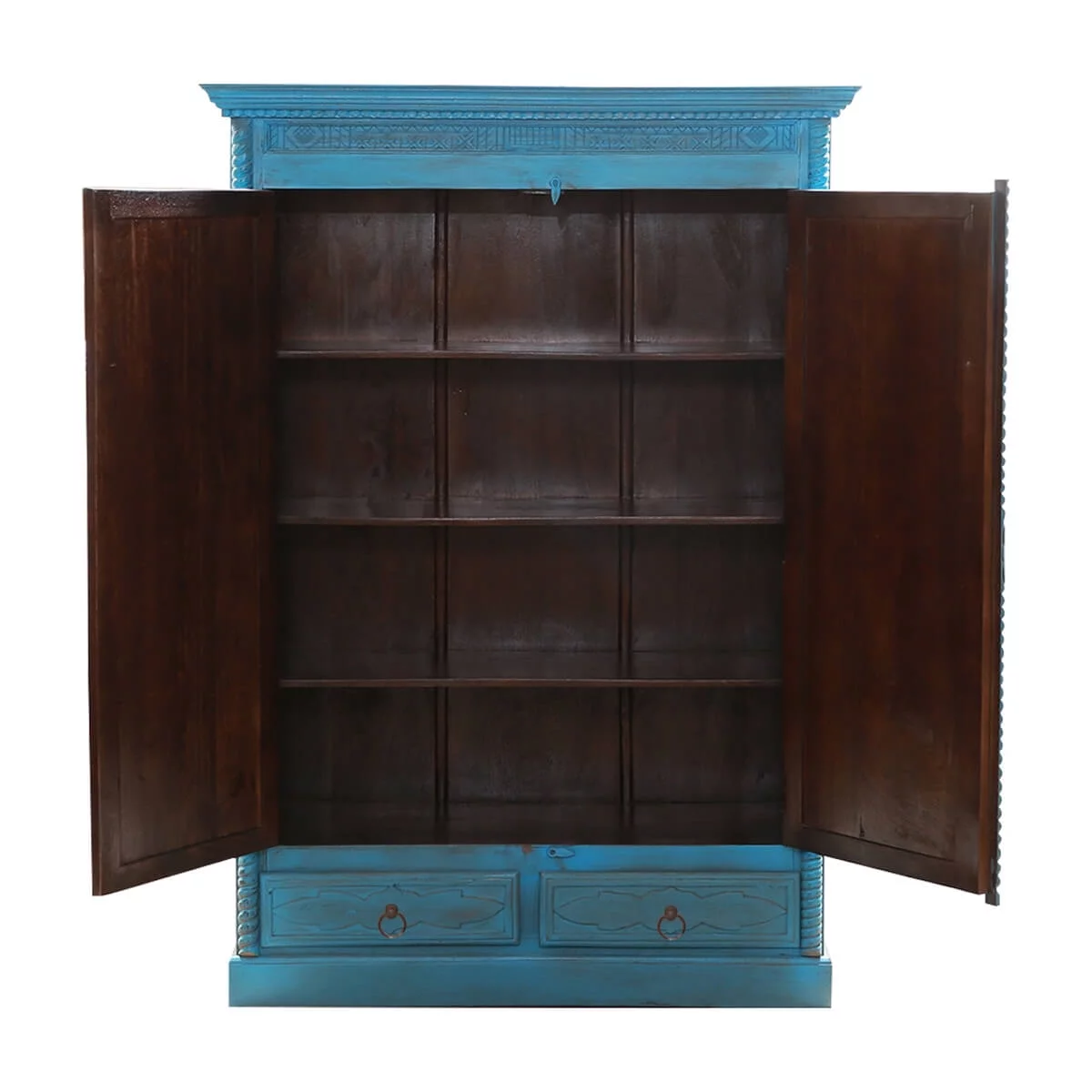 Guful Turquoise Hand Carved Solid Wood 2 Drawer Armoire