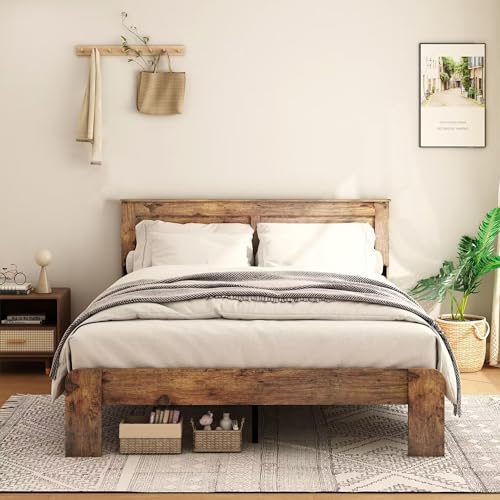 Queen Size Bed Frame, Rustic Vintage Platform Bed Frame with Wood Headboard and Footboard, 12 Wood Slats Support, No Box Spring Needed (Dark Brown, Queen)