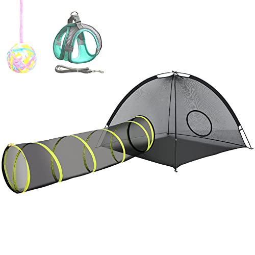 Outdoor Cat Enclosures for Indoor, Portable Mesh Tent, Outdoor pet Tunnel, Cat Playhouse with Adjustable Cat Harness and Leash for Walking, Colorful Tease Ball for Small Animals