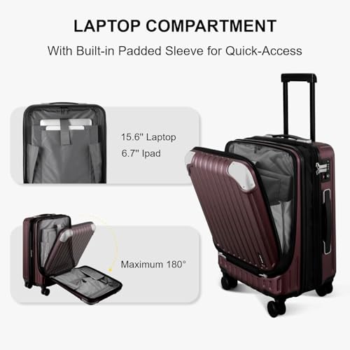 LEVEL8 Grace Carry on Luggage Airline Approved, 20 Inch Expandable Hardside Suitcases with wheels, Abs+Pc Harshell Spinner Luggages with Tsa Lock, Red