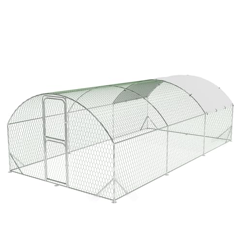 Heavy Duty Walk-in Chicken Coop, Large Metal Poultry Cage with Waterproof UV Cover & Round Top Design, Outdoor Hen House for Backyard (Steeple Without Reinforcement Ribs, 9.8' W x 19.7' L x 6.6' H)