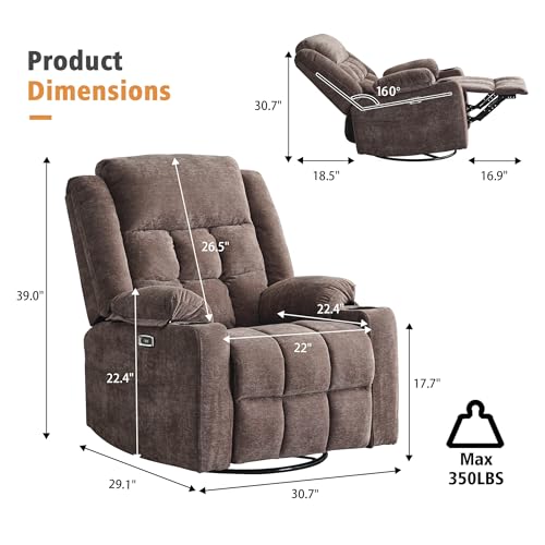 Power Swivel Rocker Recliner Chair for Adults with Massage and Heat, USB and Type-C Ports, Infinite Position, Electric Glider Reclining Single Sofa Chair for Living Room(Dark Grey)