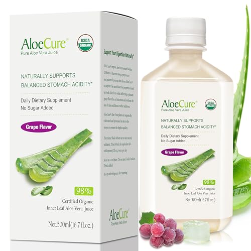 AloeCure USDA Organic Aloe Vera Juice Grape Flavor, Made Within 12 Hours of Harvest - Pure Aloe Vera Digestive & Immune Health Supplement, Helps Maintain Balanced Stomach Acidity, 16.7oz Bottle