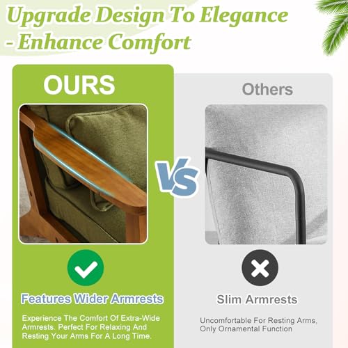 VINGLI Solid Wood Wide Armrests Accent Chair,Upholstered Mid Century Modern Chair with Pillow,Comfy Reading Chair Farmhouse Arm Chair,Chairs Living Room,Bedroom,Guest Room,Linen Fabric,Beige