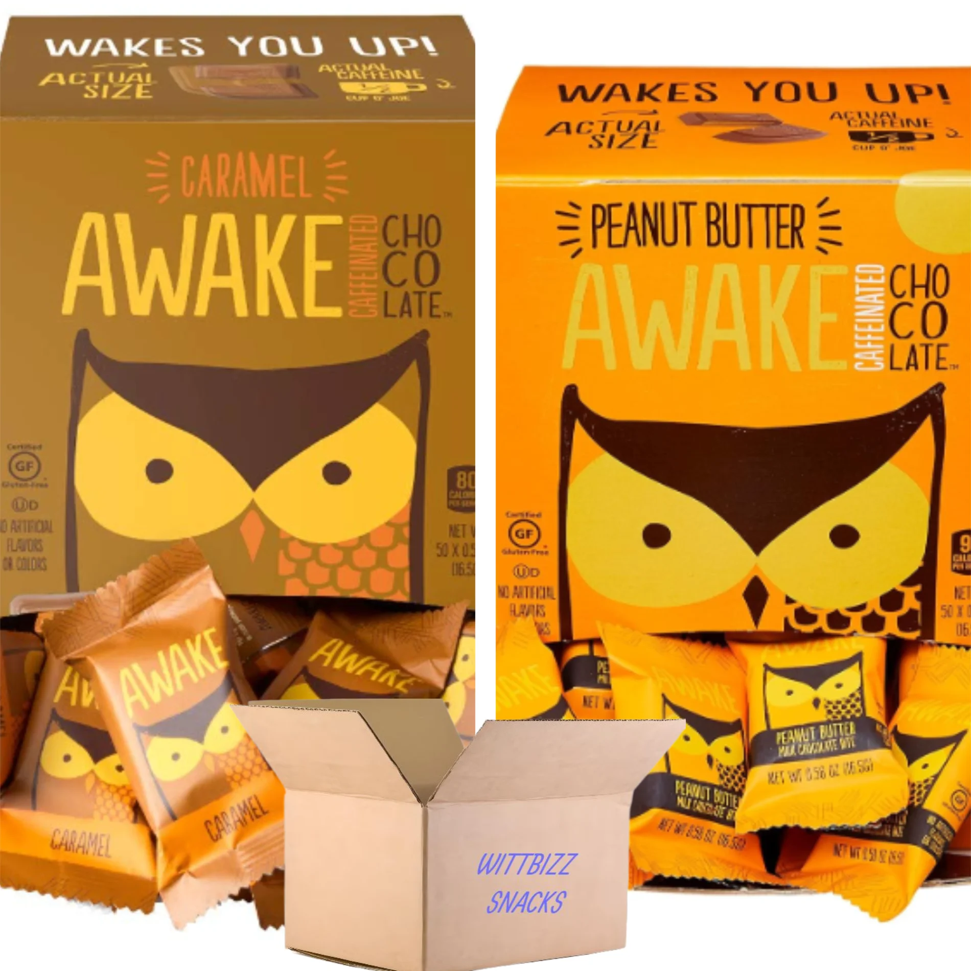 Awake Caffeine Caramel and Peanut Butter Caffeine Chocolate. 1 Box of Each