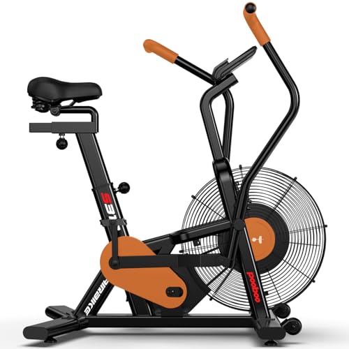 pooboo Exercise Bike, Stationary Bike for Home Gym, Air Resistance Bluetooth Fan Bike w/Dual Acction Handlebars & Dual-Layer Transmission System, Upright AirBike Indoor Cycling Bike for Cardio Workout