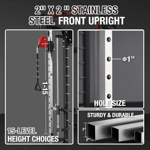 Mikolo Smith Machine, 2200lbs Squat Rack with LAT-Pull Down System & Cable Crossover Machine, Training Equipment with Leg Hold-Down Attachment