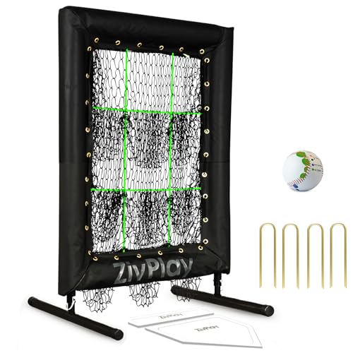 9 Hole Pitching Net Baseball Pitching Target Softball with 9 Pocket for No Hitter Pitchers Practice Regulation Size Strike Zone 20x30 Inch Includes Ball Home Plate and Pitching Rubber