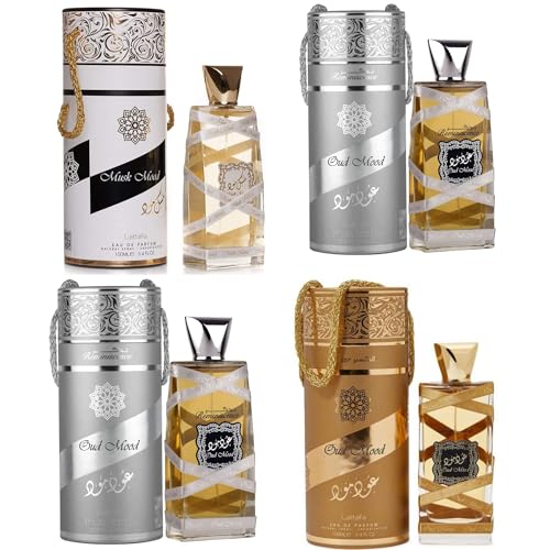 Lattafa for Unisex 4 Piece Eau de Parfum Gift Set (Oud Mood Elixir + Oud Mood Reminiscence + Oud Mood + Musk Mood) 3.4 Ounce/100 ml each