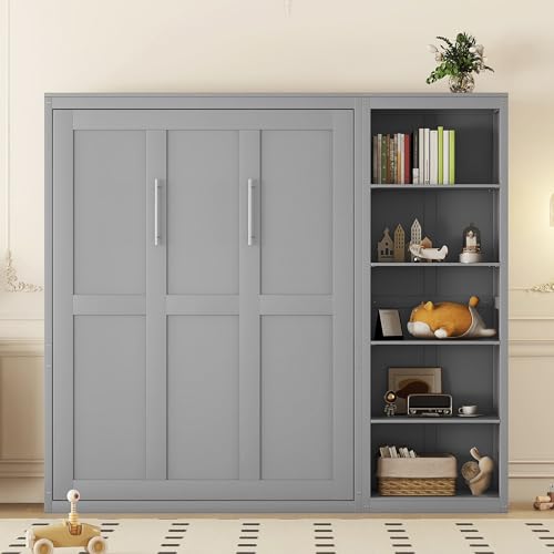 MERITLINE Queen Murphy Bed with Storage Bookcase Shelves,Wood Folding Grey Murphy Wall Bed Cabinet