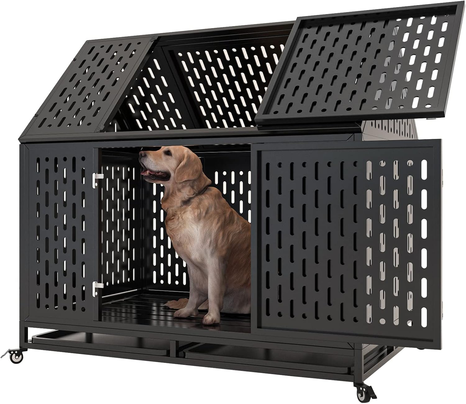45 inch Heavy Duty Dog Crate with Locking Latch, Large Kennel with Pointed Roof, Indestructible and Escape-Proof Pet Cage for High Anxiety Dogs, XL Dog Crate