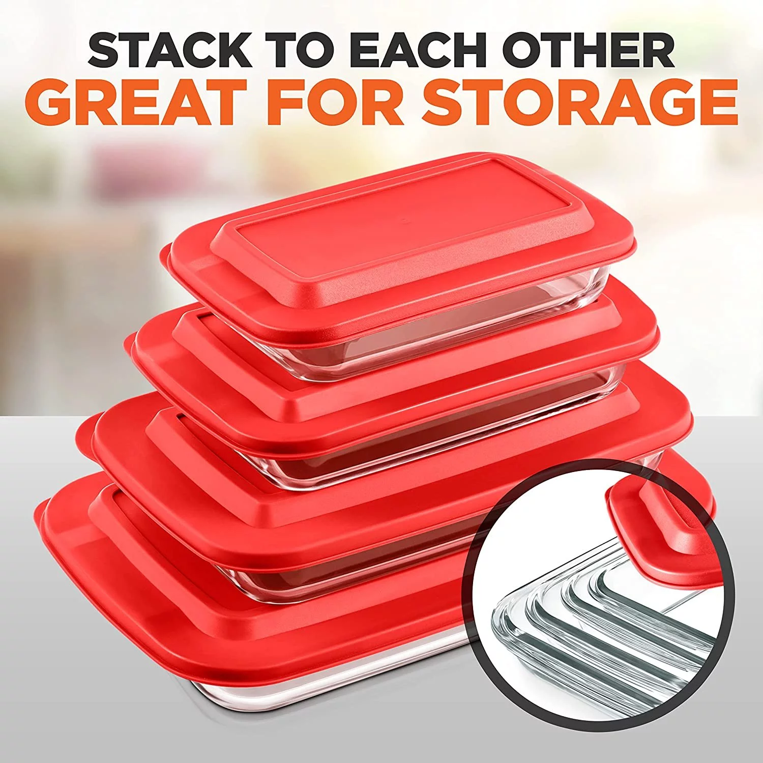 SereneLife Rectangular Glass Bakeware Set - 4 Sets of High Borosilicate with PE Lid, Heat-Resistant, Non-Slip Design, Convenient to Use & Easy to Clean, Elegant Design, Color Red