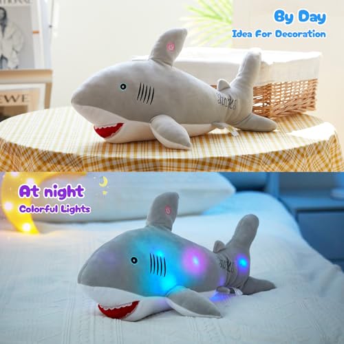 BSTAOFY 20'' Light up Shark Stuffed Animal Glow Soft Plush Toys Ocean Species LED Night Lights Birthday Valentines Christmas for Toddler Kids, Gray