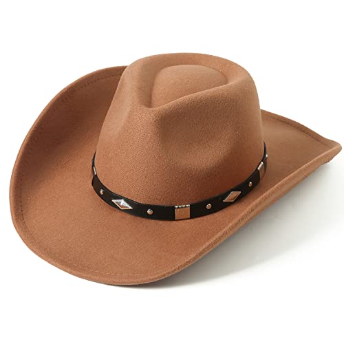 Lanzom Women Men Classic Felt Wide Brim Western Cowboy Cowgirl Hat with Belt Buckle