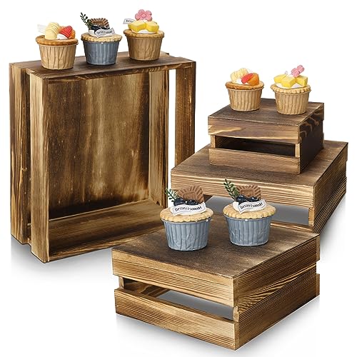 Sieral 4 Pieces Wood Cupcake Display Stand Decorative Dessert Appetizer Cake Stand Risers Wooden Crate Rustic Cake Risers for Storage for Party Christmas Halloween Wedding Decor(Rustic Dark Brown)