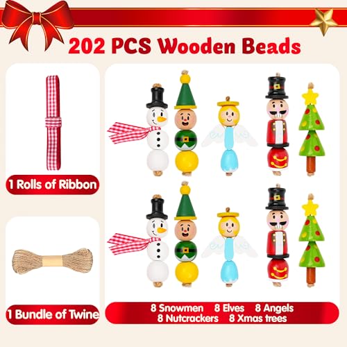 JOYIN 202 Pcs Christmas Wooden Beads Craft Kit, DIY Wood Bead Printed Ornaments Make Snowman, Santa Claus, Angel, Nutcracker, Tree for Christmas Hanging Decoration Holiday Xmas Art Activities for Kids