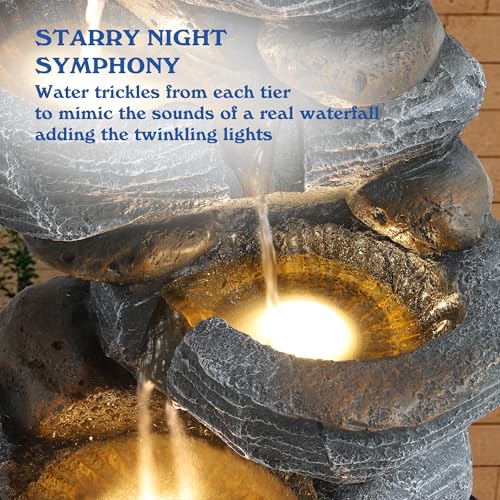 5-Tiers Cascading Rock Water Fountain Outdoor - Waterfalls Fountains with LED Lights, Outdoor/Indoor Resin Water Feature Fountain for Patio, Garden, Backyard, Deck, Porch, Home Art Docor