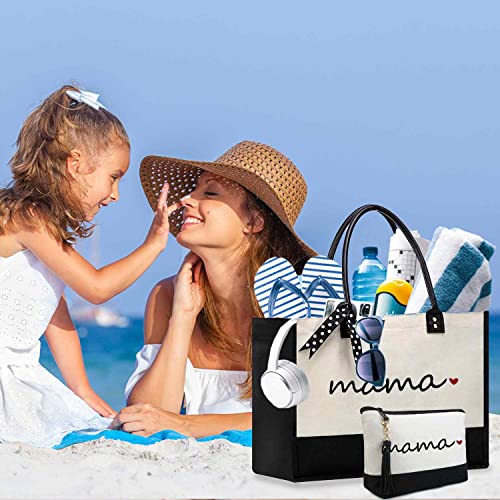 BeeGreen Mother's Day Gifts Personalized Women's Large White and Black Canvas Tote Bag, Embroidered Initials, Leather Handle, Zipper Closure