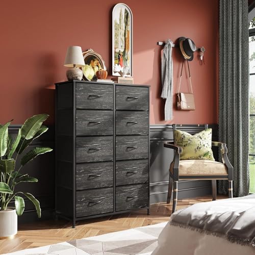 WLIVE Black Tall Dresser for Bedroom with 10 Drawers, Chest of Drawers, Dressers Bedroom Furniture, Storage Organizer Unit with Fabric Bins for Closet, Hallway, Living Room