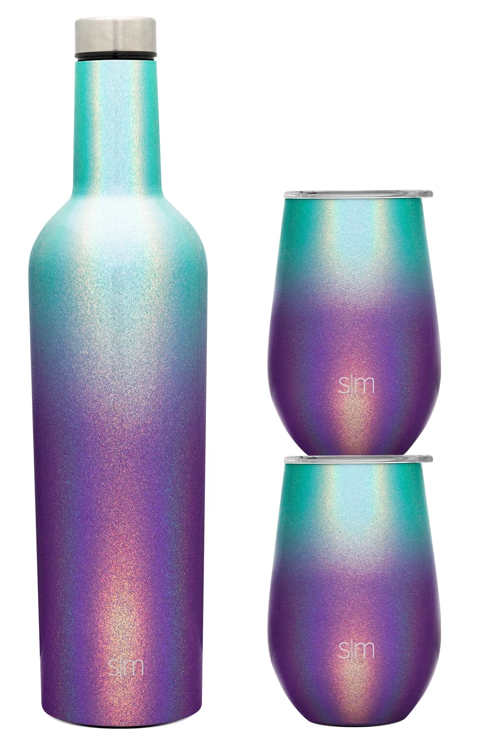 Simple Modern Spirit Wine Bundle - 2 12oz Wine Tumbler Glasses with Lids & 1 Wine Bottle - Vacuum Insulated 18/8 Stainless Steel Shimmer: Aurora