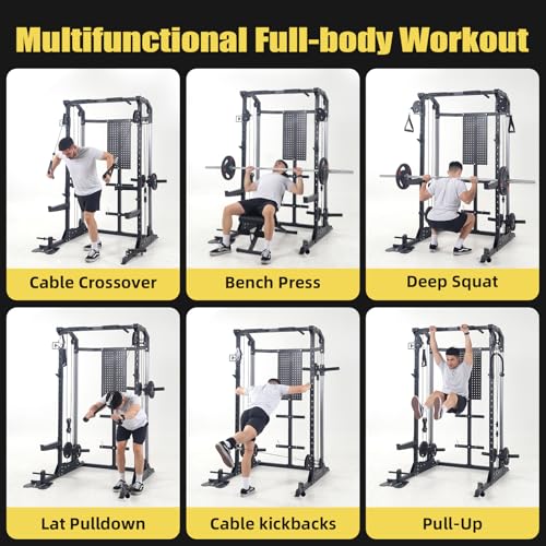Power Cage, 2000Lbs Capacity Power Rack with Cable Crossover and Dual Independent Pulley System, Workout Cage with Storage Board, Squat Rack for Home Gym