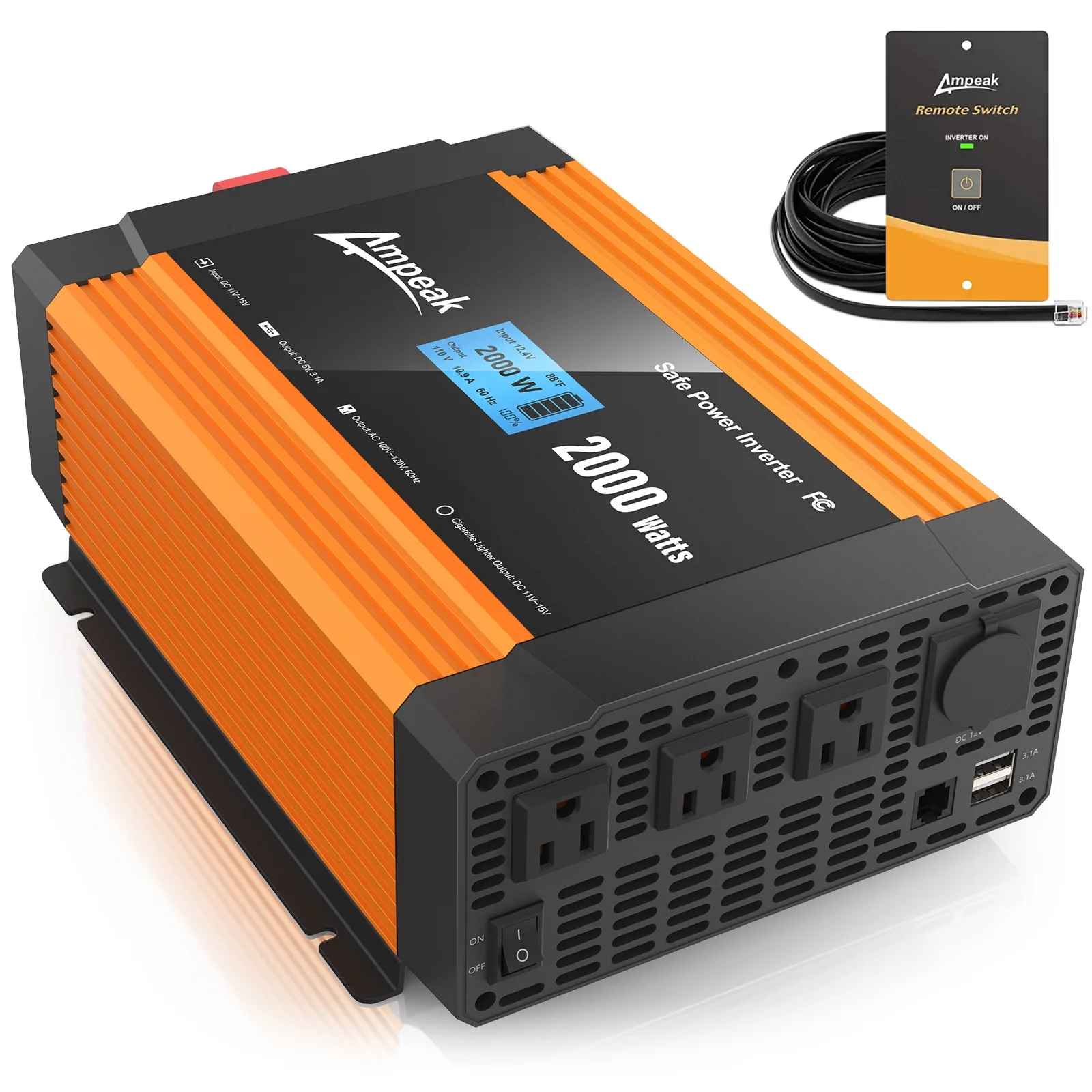 Ampeak 2000 Watt Power Inverter 3 AC Outlets and USB Port DC 12V to 110V AC Car Converter with Remote Control