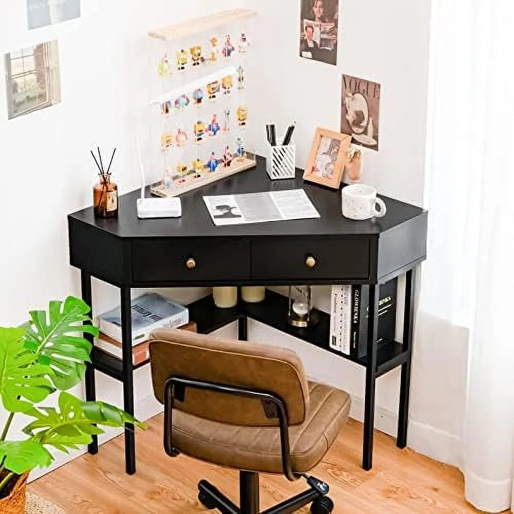 YZboomLife Corner Desk with 2 Drawers  90 Degrees Triangle Corner Computer Desk for Small Space  Bedroom Corner Makeup Vanity Desk with  Shelves & Steel Frame  Space Saving Corner Wri