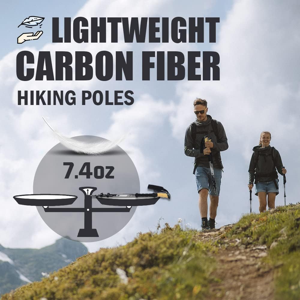 Hiking Poles, HIKERBRO Carbon Fiber Trekking Poles for Hiking with Cork Handle, Ultralight Telescopic Trekking Poles, Adjustable Wrap& Flip Clock, Extended Hiking Sticks for Men Women, 53Inch