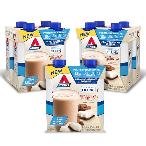 Atkins Creamy Chocolate Coconut Protein Shake, 15g Protein, 2g Net Carbs, 1g Sugar, Keto Friendly, 12 Count