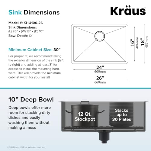 Kraus KHU101-24L Standart PRO 24-inch Undermount 16 Gauge Single Bowl Laundry and Utility Sink, 24 Inch, Tight Radius