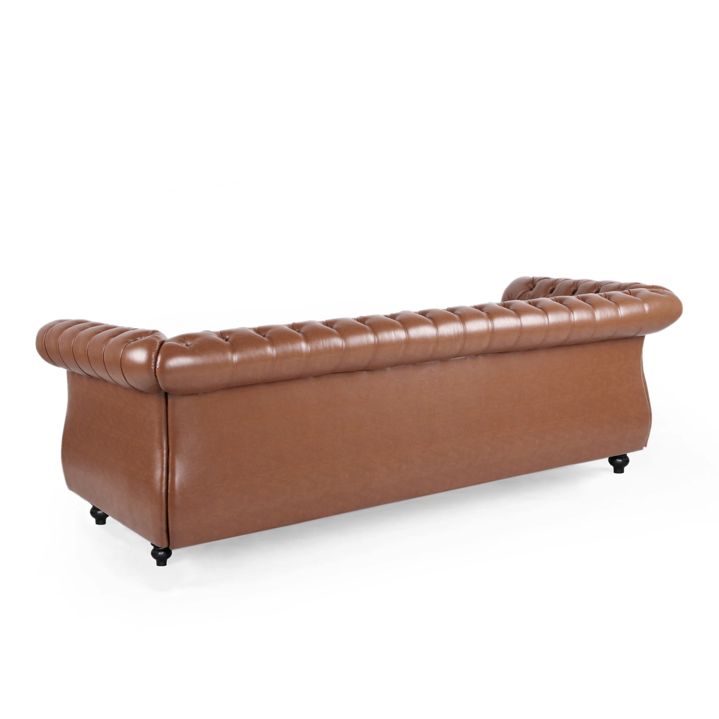 GDF Studio Kyle Chesterfield Tufted 3 Seater Sofa with Scroll Arms, Cognac Brown Faux Leather and Dark Brown