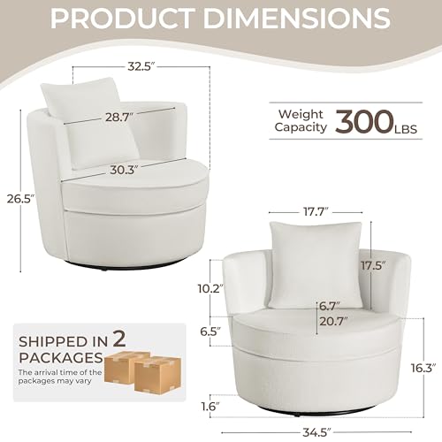 Yaheetech Swivel Barrel Accent Chair, 360 Degree Swivel Round Chairs with Removable Throw Pillow, Soft Boucle Single Arm Sofa for Living Room Bedroom Reading, White