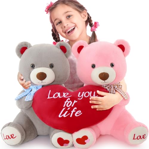 Red Heart Giant Teddy Bears, Brown Big Teddy Bear Stuffed Animals with Embroidered I Love You for Girlfriend, Large Valentines Fluffy Teddy Bear Birthday Gifts 36 inch