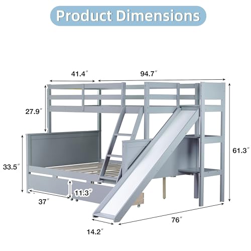 Twin Over Full Bunk Bed with Slide and Storage Drawers Wood Bunk Beds Frame with 2-Tier Shelves Bookcase for Kids Boys Girls Teens,Gray