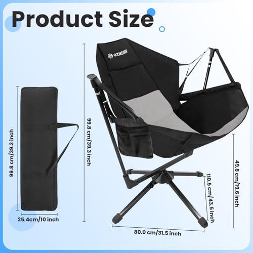 2PCS 360 Degrees Swing Camping Chair, Portable Rocking Camping Chair with Swivel and Reclining Design, Supports 300lbs, Ideal for Camp, Travel and Beach (Black Gray)