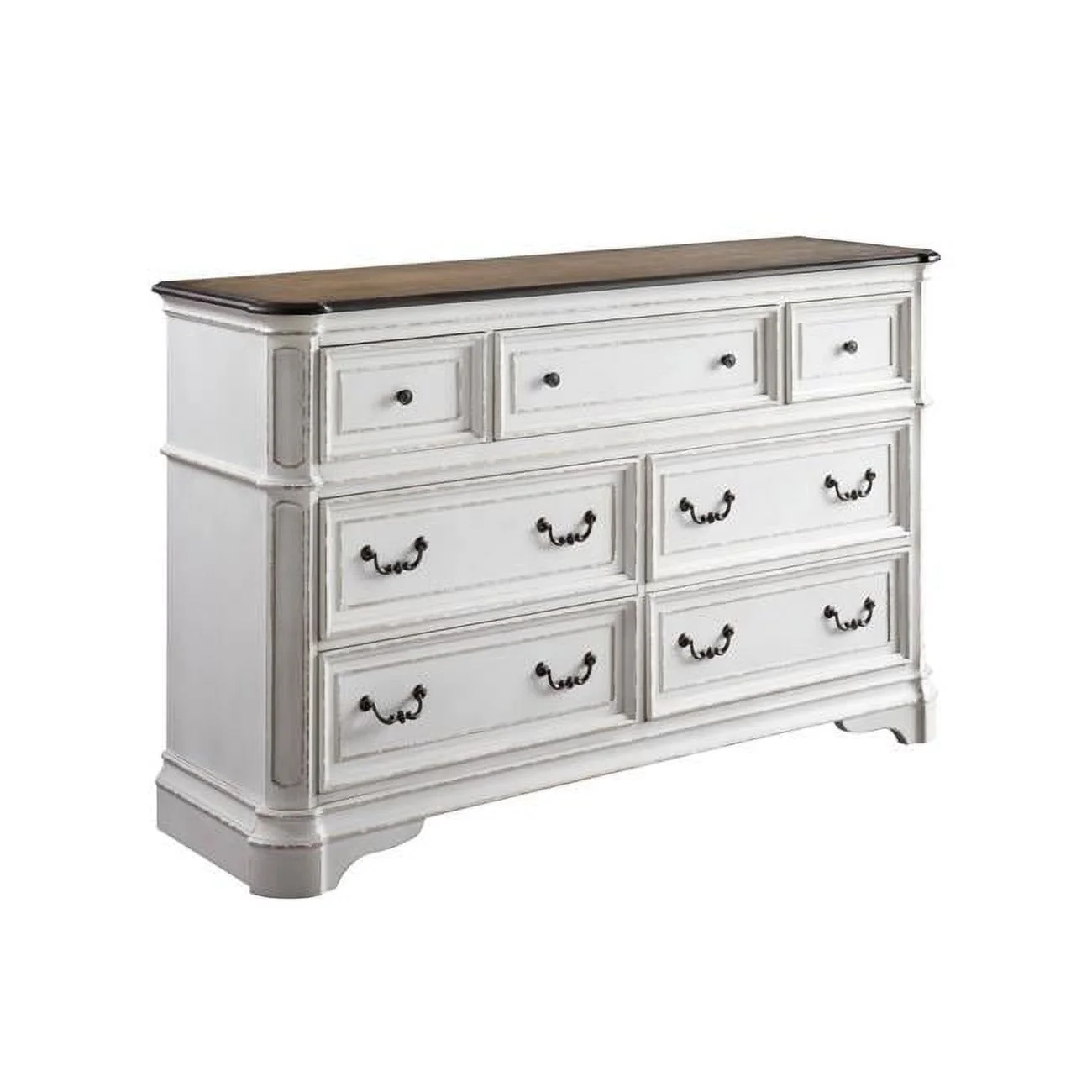 40 x 64 x 19 in. Antique White & Oak Solid Wood Seven Drawers Triple Dresser