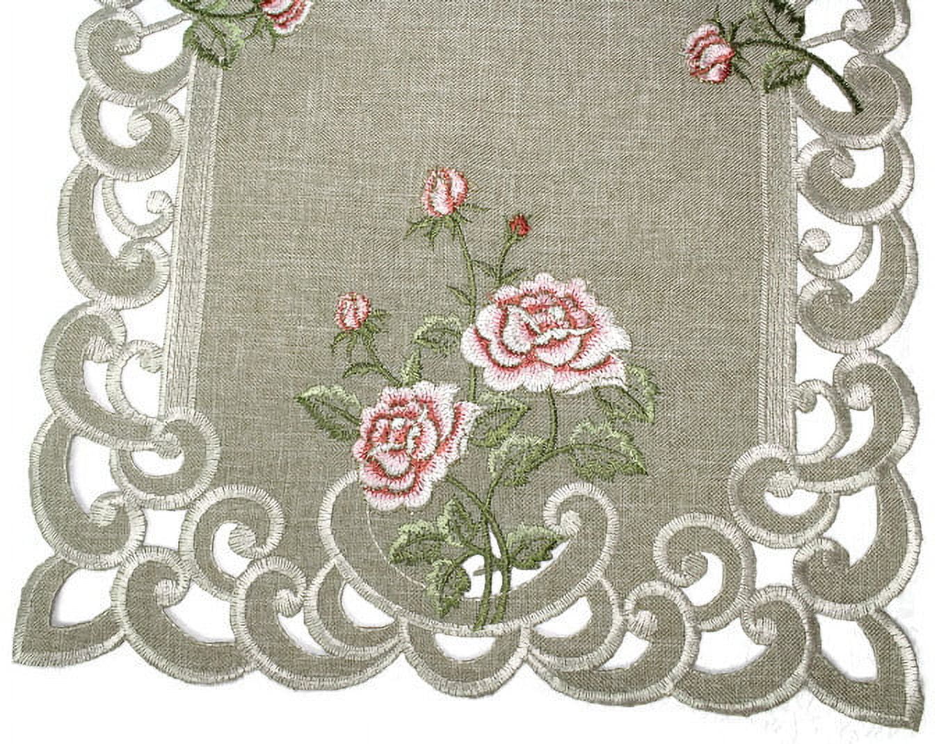 Doily Boutique Table Runner with Pink Roses and Sage Green Burlap Linen Fabric, Size 70 x 15 inches