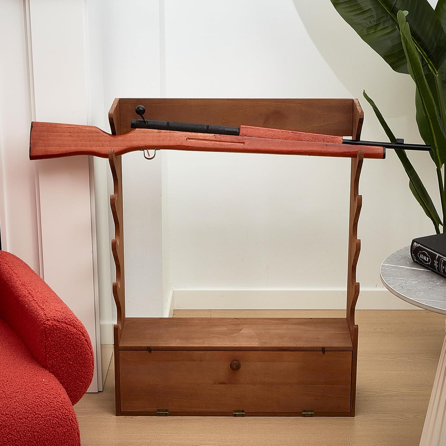 Walnut Color Gun Display Rack Pine Wood Firearm Display Rack Indoor Gun Cabinet Gun Shelf Rifle Display Case with Storage Compartment for Gun Accessories