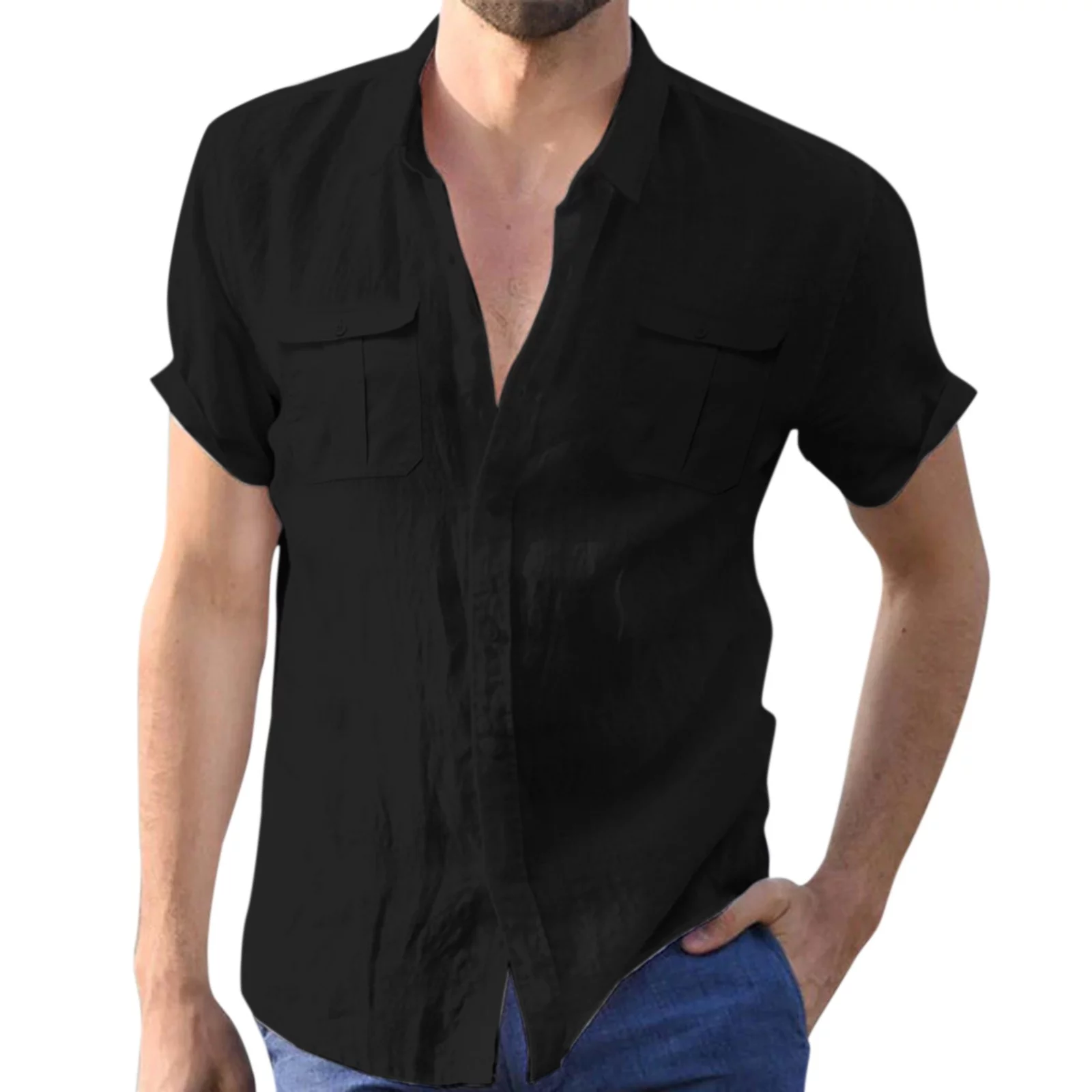 2PC Black Polo Shirts For Men Male Casual Solid Shirt Double Pocket Short Sleeve Turn-Down Collar Shirts