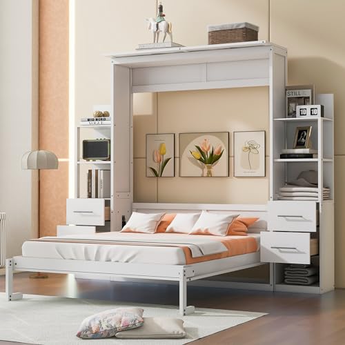 DNYN Queen Size Murphy Bed with Storage Drawers & Shelves & Closet for Bedroom,Wooden Wall Bedframe w/Storage,No Box Spring Needed & Super Save Space, White