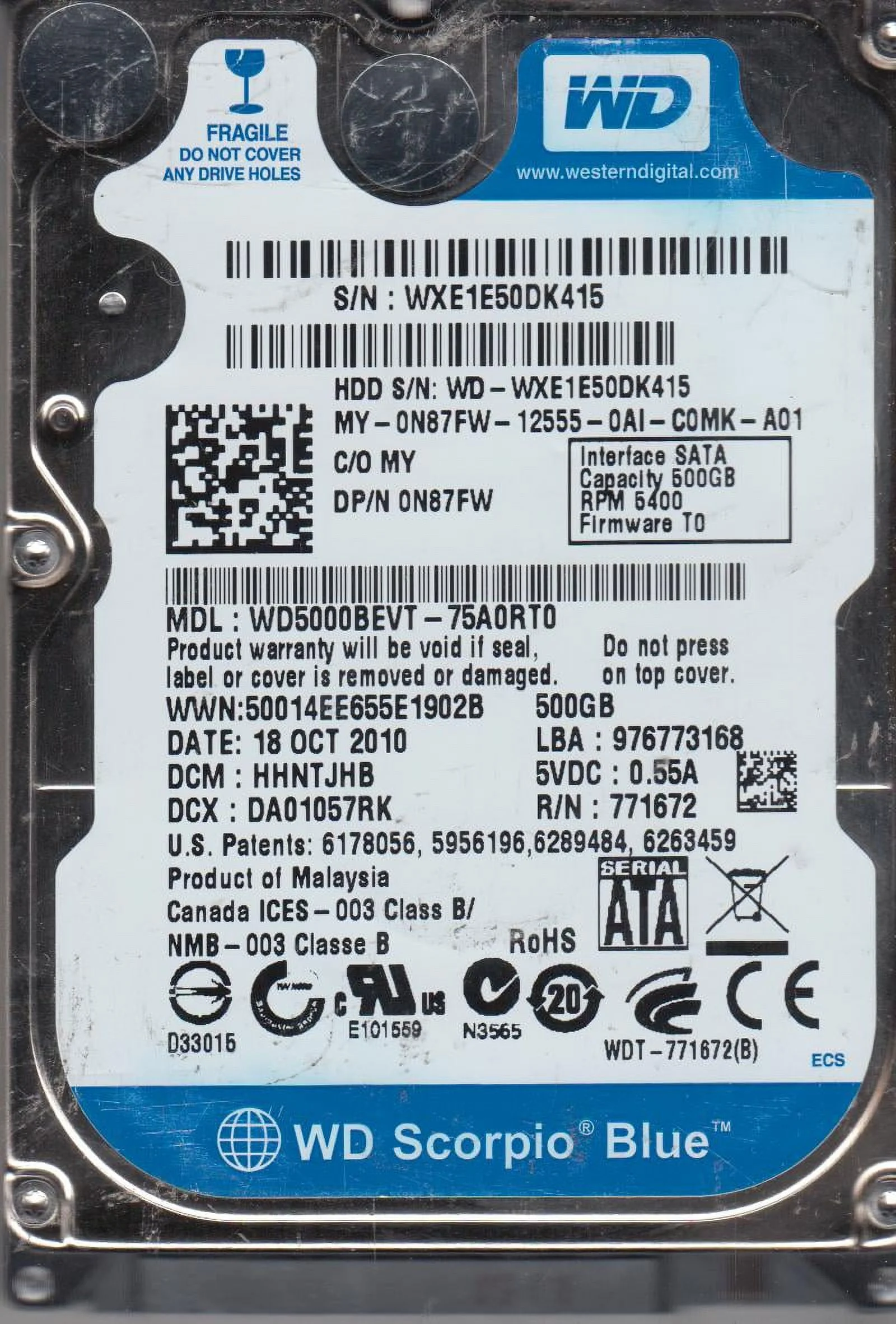 WD5000BEVT-75A0RT0, DCM HHNTJHB, Western Digital 500GB SATA 2.5 Hard Drive