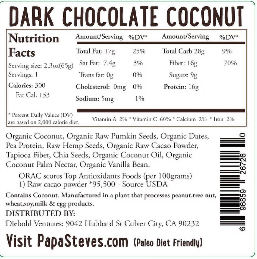 Papa Steve's No Junk Raw Protein Bar, Dark Chocolate Coconut, 16g Protein, 10 Ct