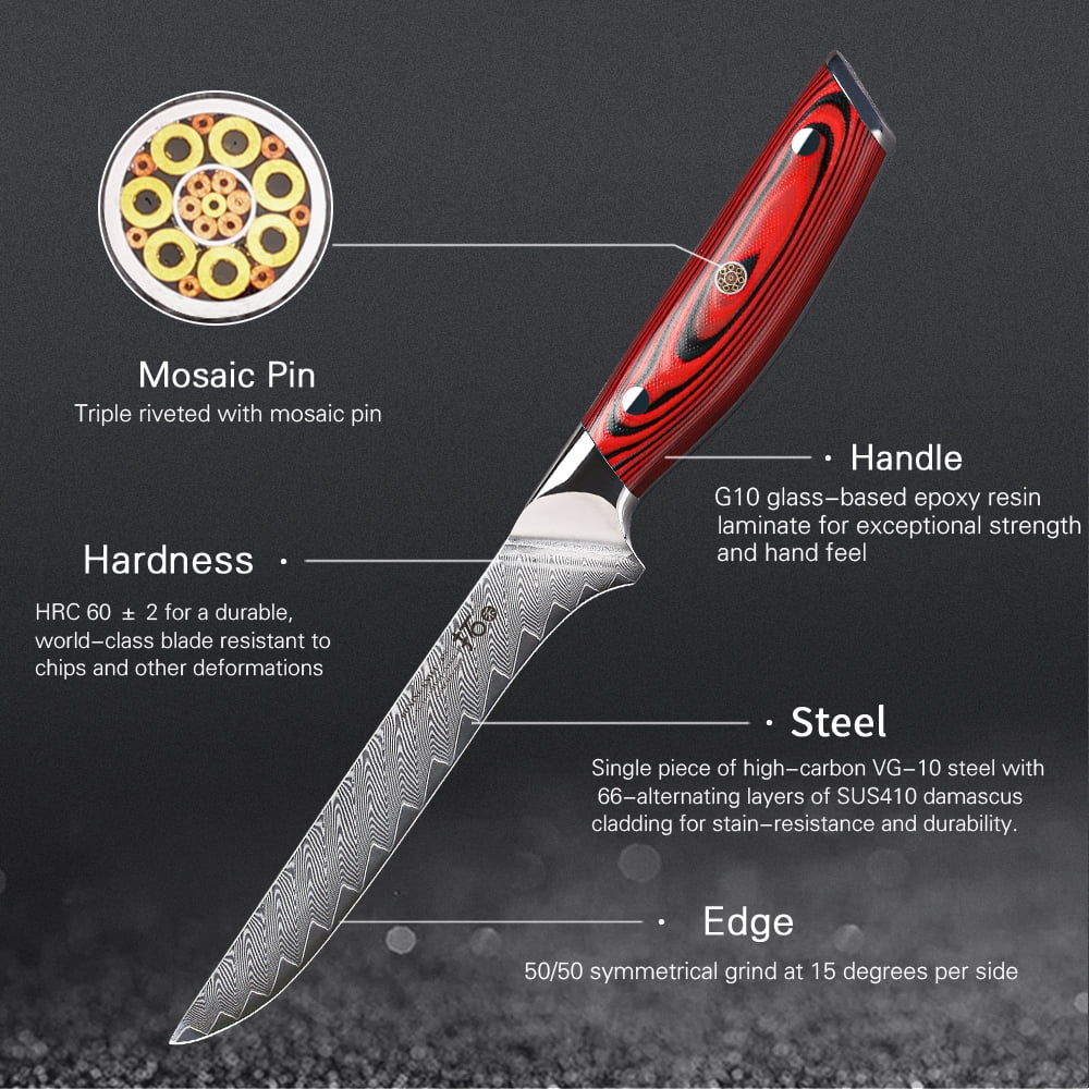 TURWHO 6.5inch Boning Knife 67-Layer Japanese VG10 Damascus Steel Kitchen Filleting Deboning Knife With Red G10 Handle
