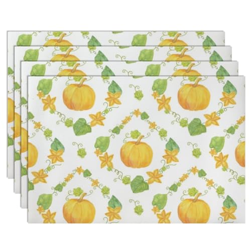 Fall Gourd Pattern Mats for The Kitchen Table Faux Leather 12 X 18 Inch Placemats for Table Watercolor Pumpkin Fabric Anti- Slip Placemat Spill- Proof Placemat Hanukkah Placemats Party 6Pc Set